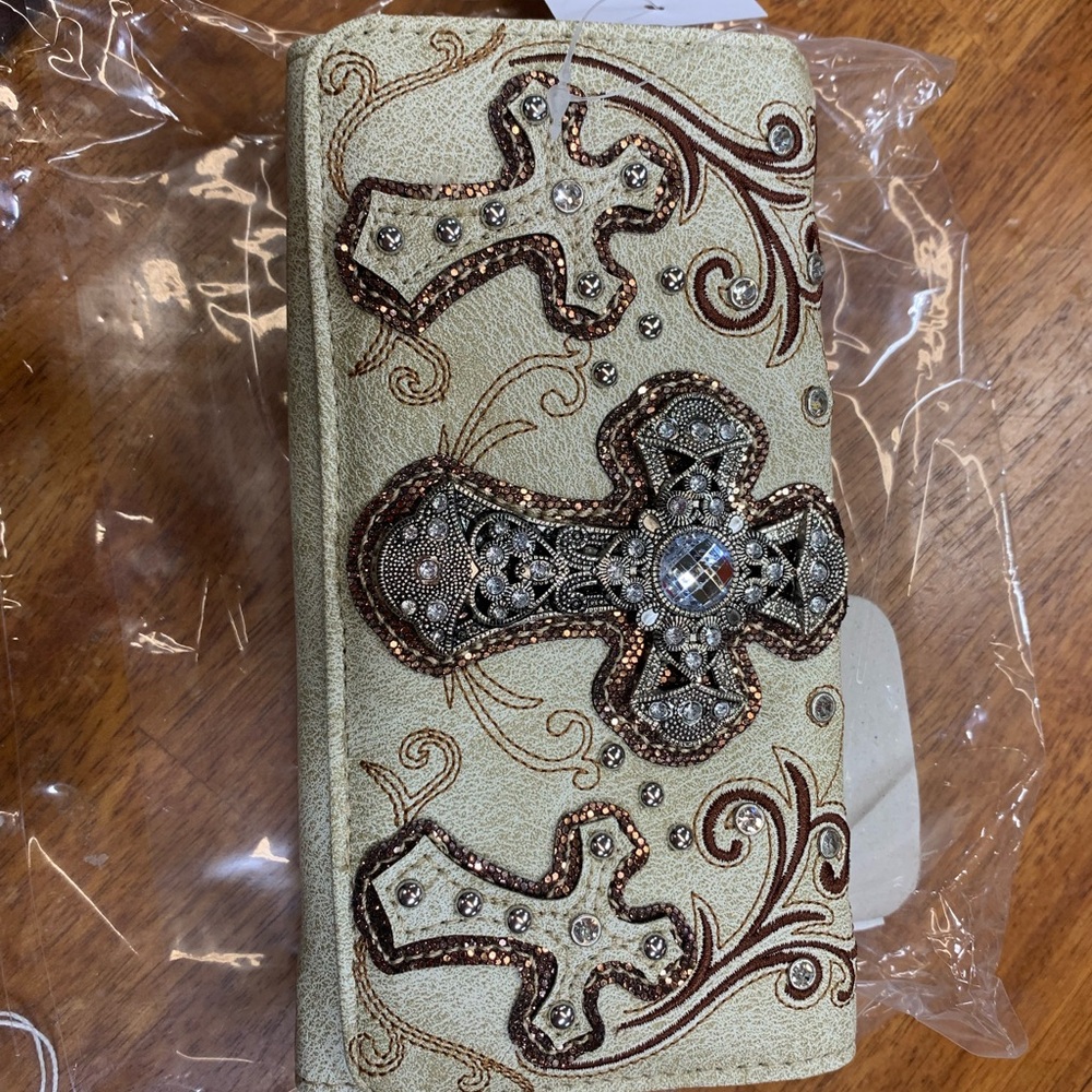 Embellished Cross Wallet in Cream and Brown